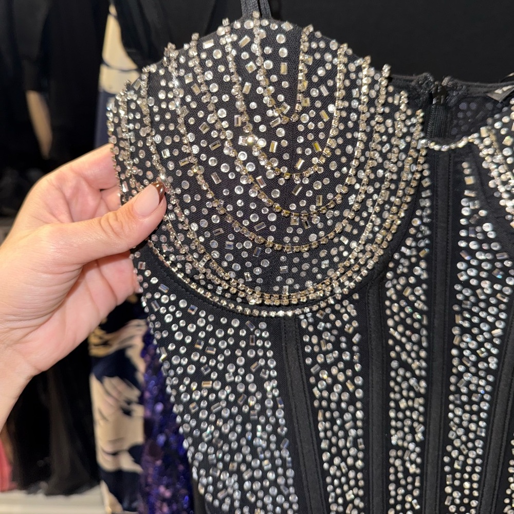Fashion nova black sheer Rhinestone Embellished Corset Dress BRAND NEW Not worn - Picture 2 of 5